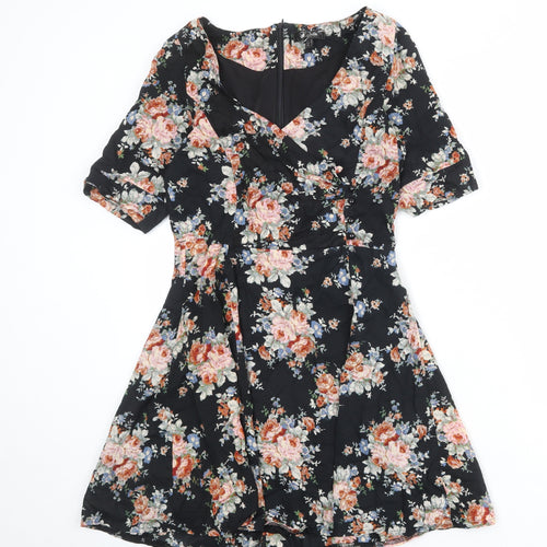 Heaven Womens Black Floral Cotton Skater Dress Size 10 V-Neck Zip