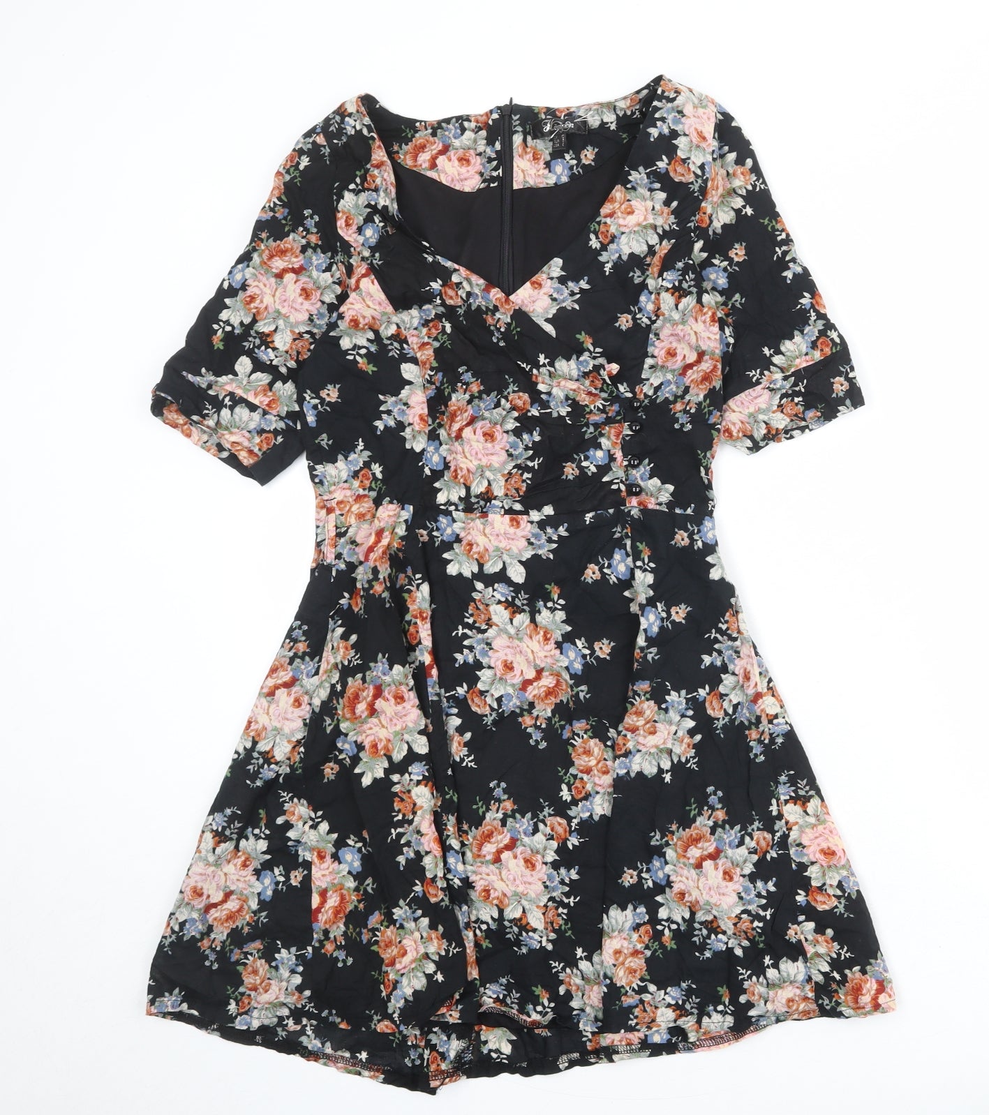 Heaven Womens Black Floral Cotton Skater Dress Size 10 V-Neck Zip