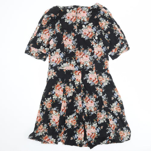 Heaven Womens Black Floral Cotton Skater Dress Size 10 V-Neck Zip