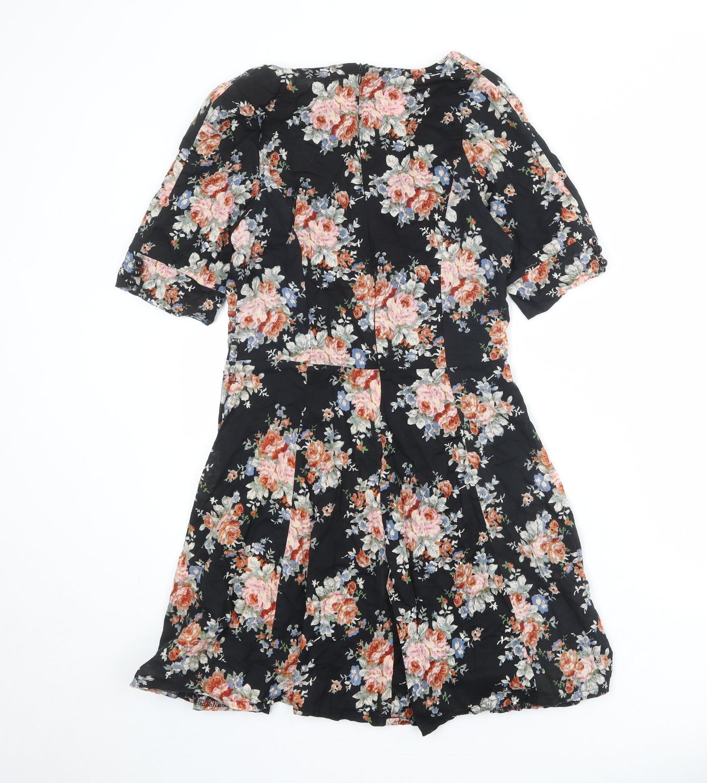 Heaven Womens Black Floral Cotton Skater Dress Size 10 V-Neck Zip