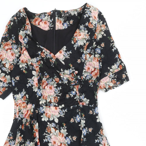Heaven Womens Black Floral Cotton Skater Dress Size 10 V-Neck Zip