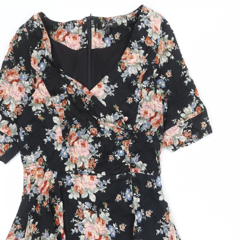 Heaven Womens Black Floral Cotton Skater Dress Size 10 V-Neck Zip