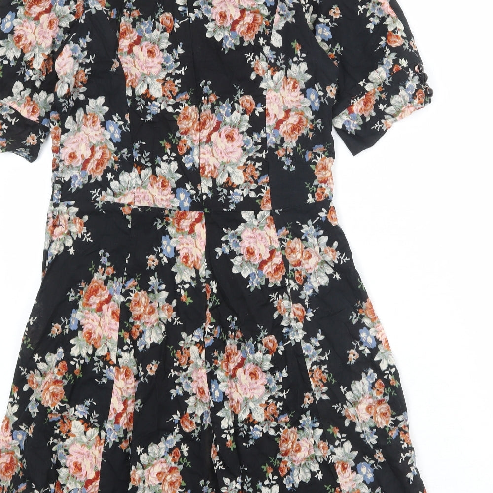 Heaven Womens Black Floral Cotton Skater Dress Size 10 V-Neck Zip