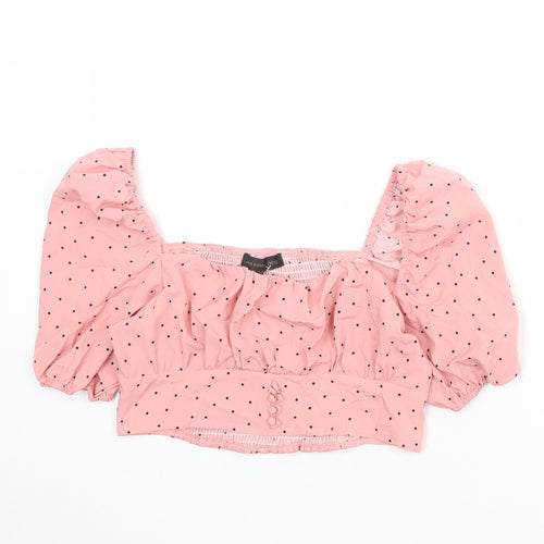 Love & Other Things Womens Pink Polka Dot Polyester Cropped Blouse Size S Square Neck - Puff Sleeve