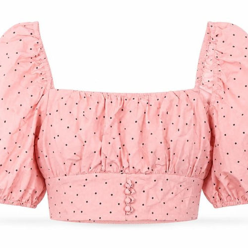 Love & Other Things Womens Pink Polka Dot Polyester Cropped Blouse Size S Square Neck - Puff Sleeve