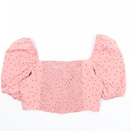 Love & Other Things Womens Pink Polka Dot Polyester Cropped Blouse Size S Square Neck - Puff Sleeve