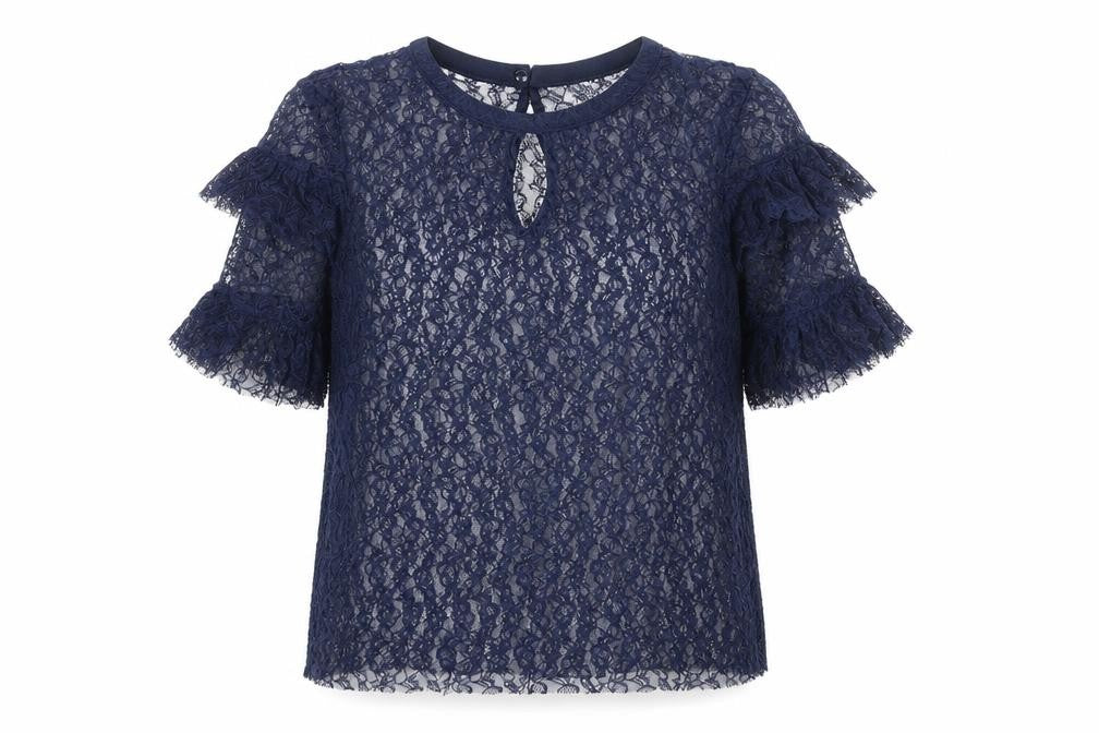 Front view of H&M women’s blue polyamide basic blouse, size UK 10, boat neck
