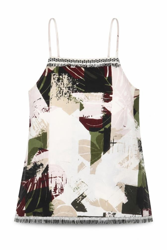 Front view of Next women’s multicoloured geometric polyester camisole tank, size UK 8, square neck