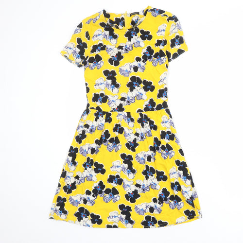 River Island Womens Yellow Floral Viscose A-Line Size 6 Round Neck Zip
