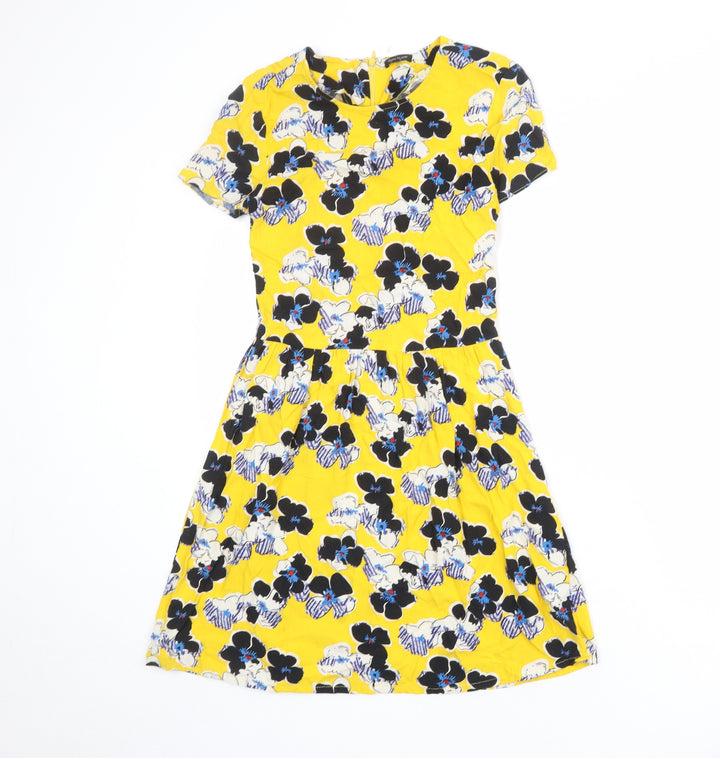 River Island Womens Yellow Floral Viscose A-Line Size 6 Round Neck Zip