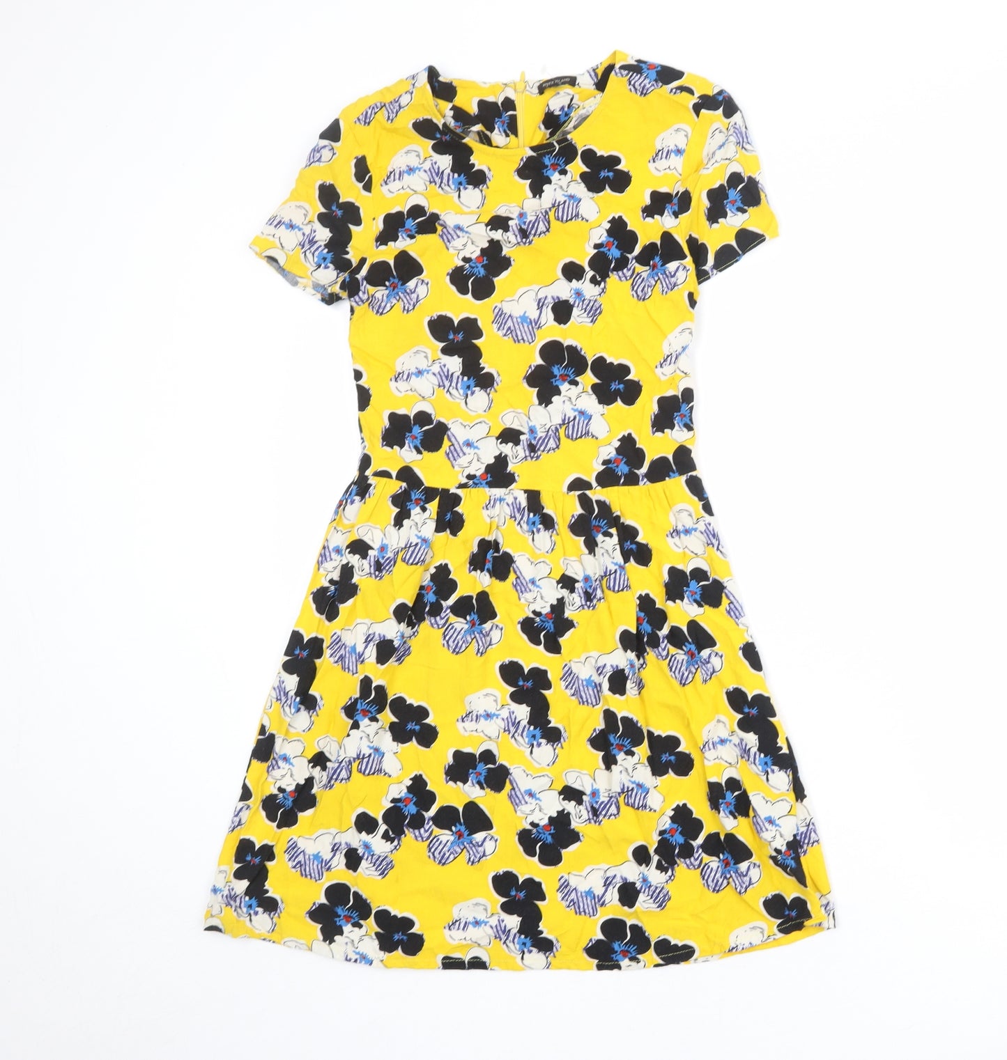 River Island Womens Yellow Floral Viscose A-Line Size 6 Round Neck Zip