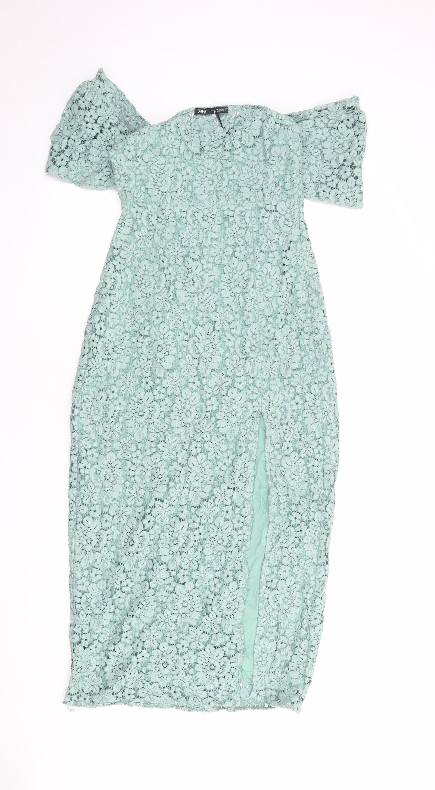 Zara Womens Green Viscose Bodycon Size M Square Neck Zip
