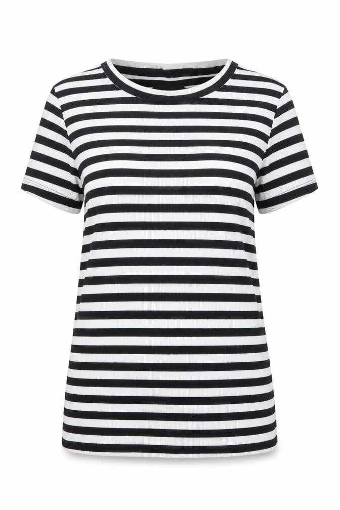 Front view of Monki women’s black striped cotton basic t-shirt, size S, boat neck