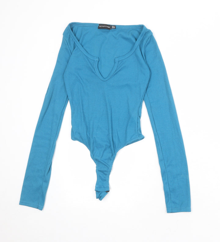 PRETTYLITTLETHING Womens Blue Polyester Bodysuit One-Piece Size 4 Snap