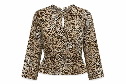 Front view of Divided by H&M women’s multicoloured animal print polyester basic blouse, size UK 8, round neck - leopard print