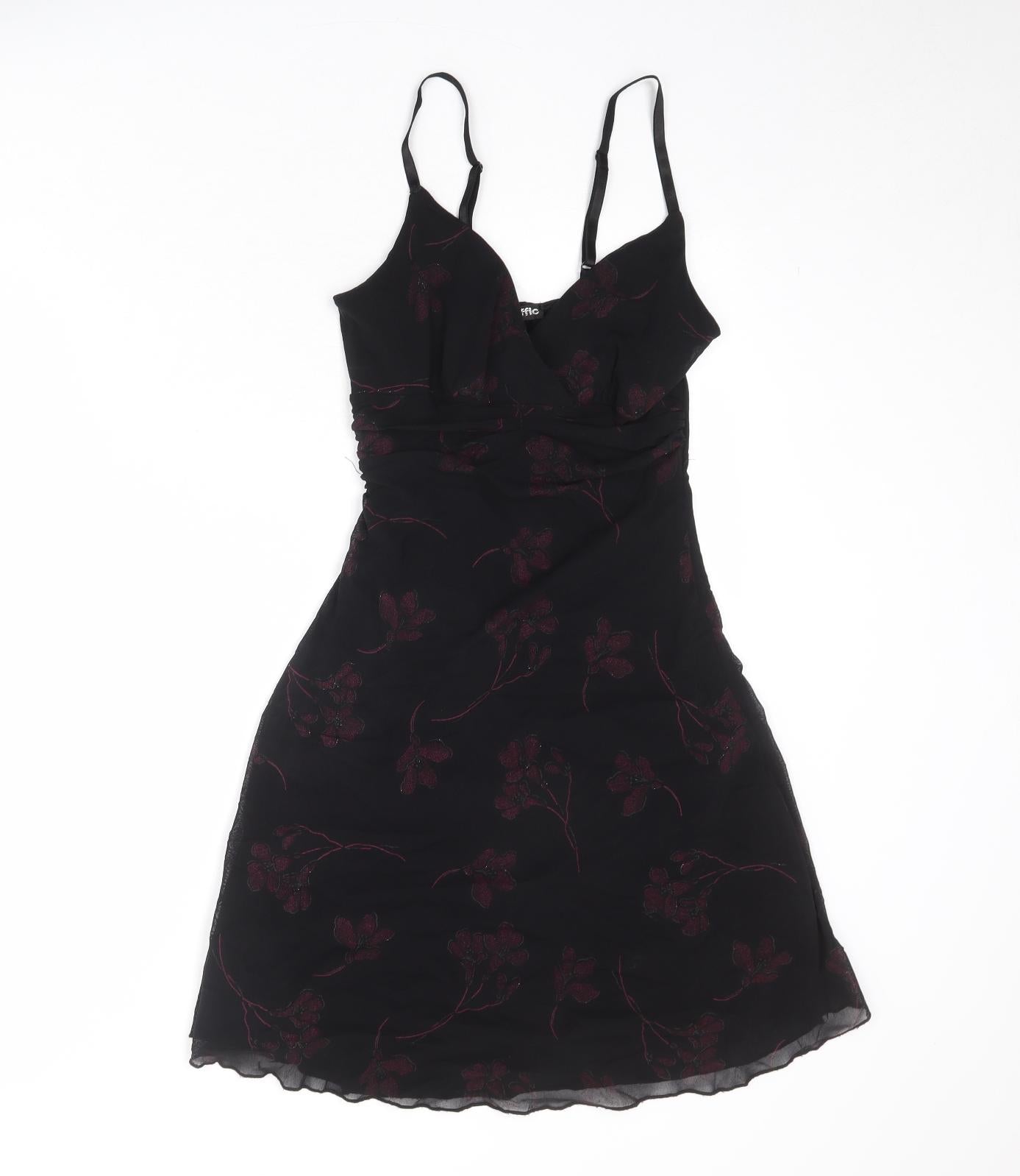 Graffic Womens Black Floral Polyester Slip Dress Size S V-Neck Pullover - Size S-M