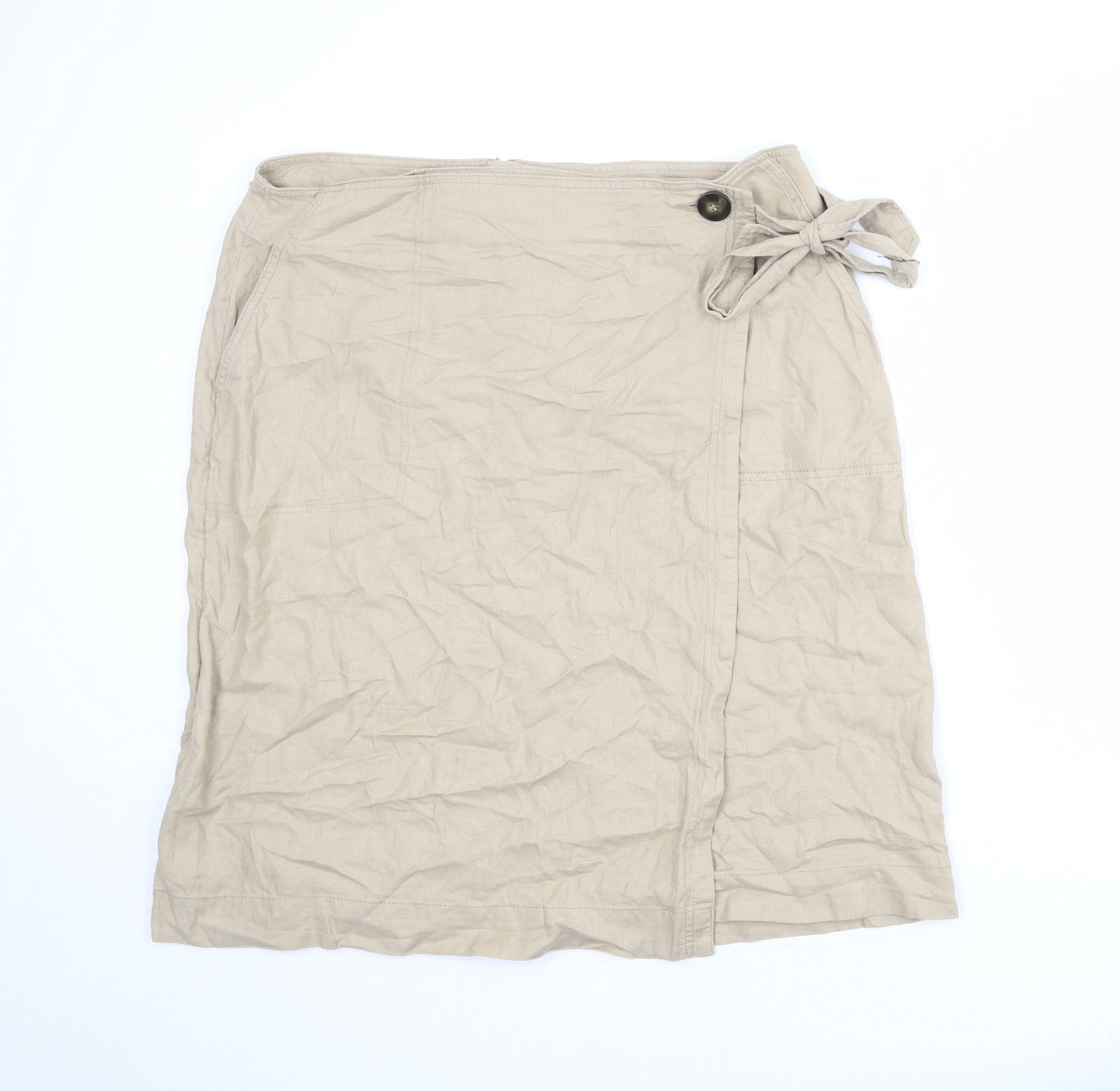 Marks and Spencer Womens Beige Linen Wrap Skirt Size 18 Zip