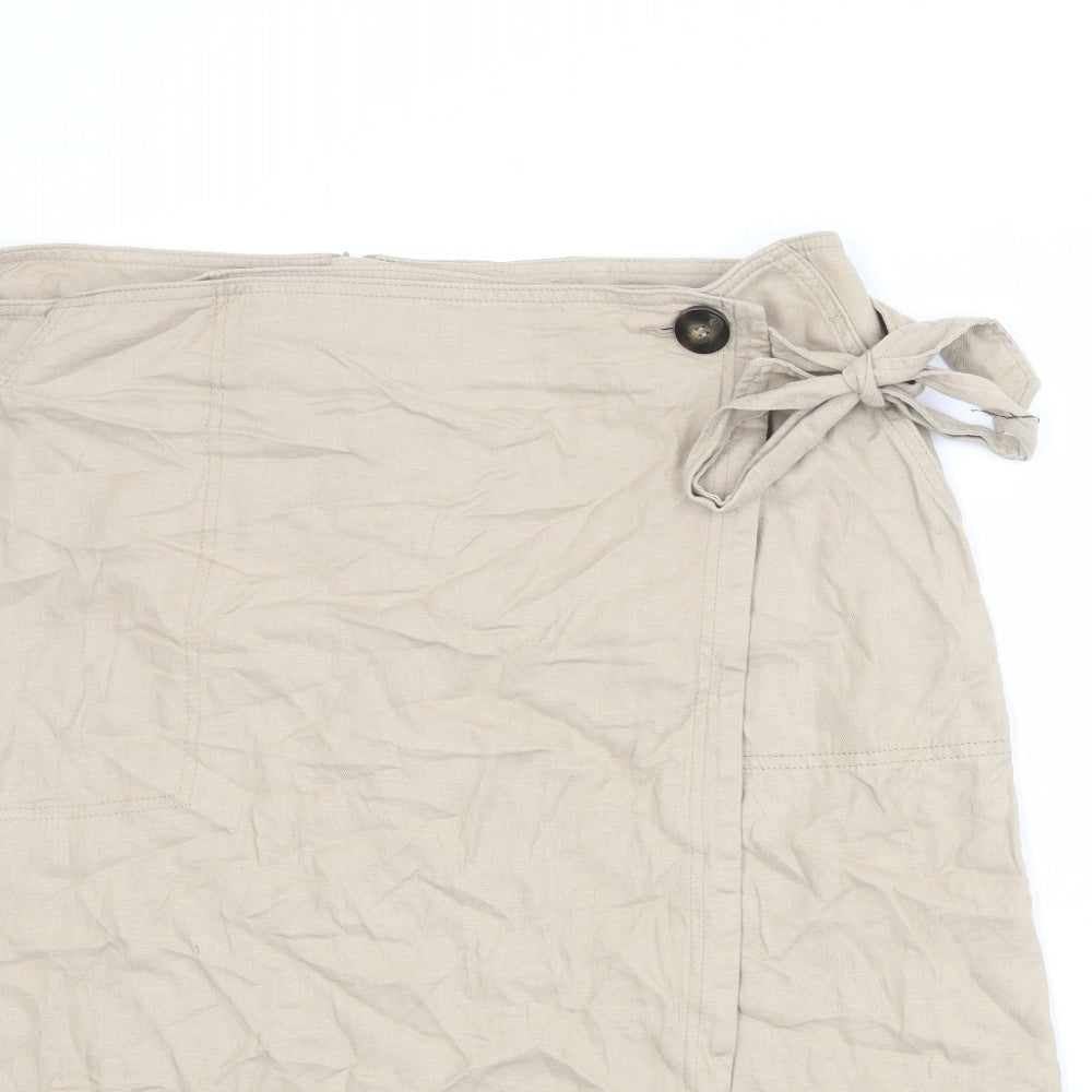 Marks and Spencer Womens Beige Linen Wrap Skirt Size 18 Zip