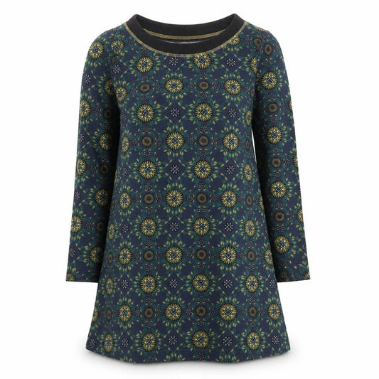 Front view of Lakeland women’s multicoloured geometric polyester jumper dress, size M, round neck pullover