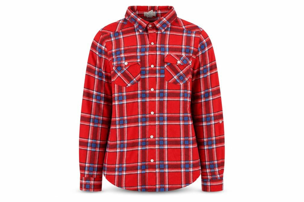Front view of Passport women’s red plaid polyester basic button-up, size M, collared