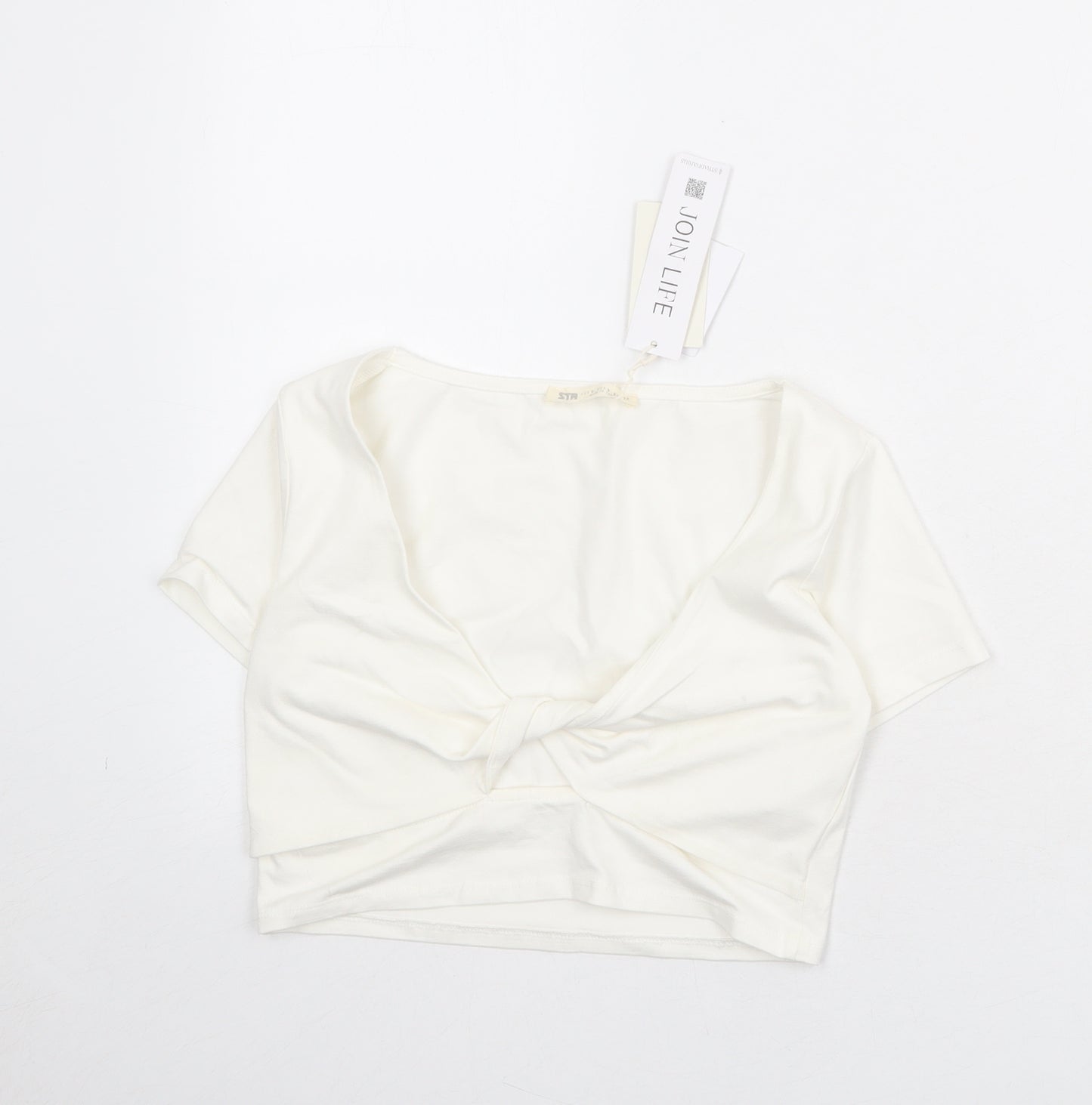 Stradivarius Womens Ivory Cotton Cropped T-Shirt Size M V-Neck - Twist Front Detail