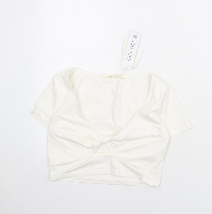 Stradivarius Womens Ivory Cotton Cropped T-Shirt Size M V-Neck - Twist Front Detail
