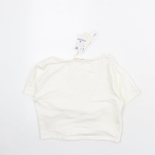 Stradivarius Womens Ivory Cotton Cropped T-Shirt Size M V-Neck - Twist Front Detail