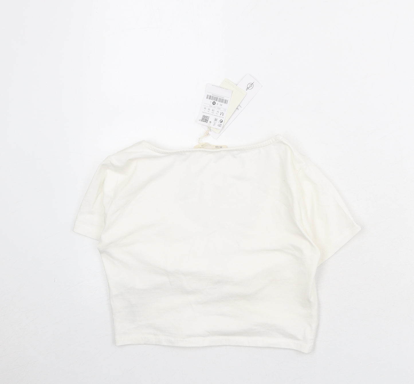 Stradivarius Womens Ivory Cotton Cropped T-Shirt Size M V-Neck - Twist Front Detail