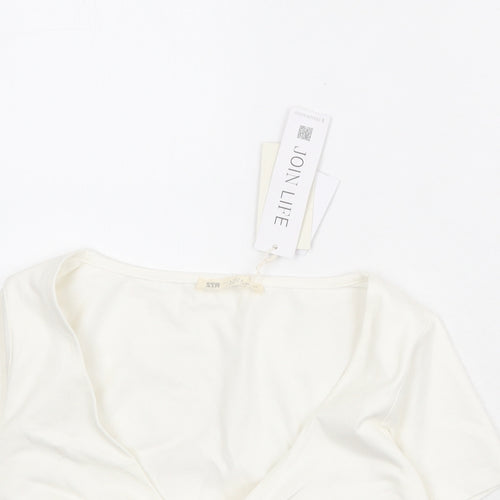 Stradivarius Womens Ivory Cotton Cropped T-Shirt Size M V-Neck - Twist Front Detail