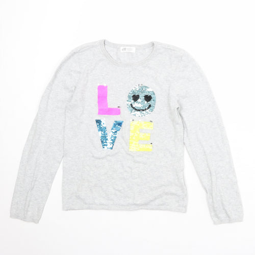 H&M Girls Grey Round Neck 100% Cotton Pullover Jumper Size 10-11 Years Pullover - Size 10-12 Years LOVE
