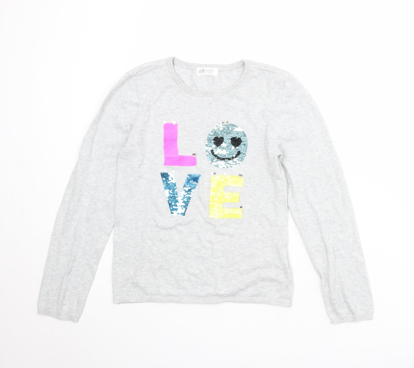 H&M Girls Grey Round Neck 100% Cotton Pullover Jumper Size 10-11 Years Pullover - Size 10-12 Years LOVE