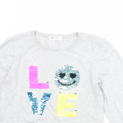 H&M Girls Grey Round Neck 100% Cotton Pullover Jumper Size 10-11 Years Pullover - Size 10-12 Years LOVE
