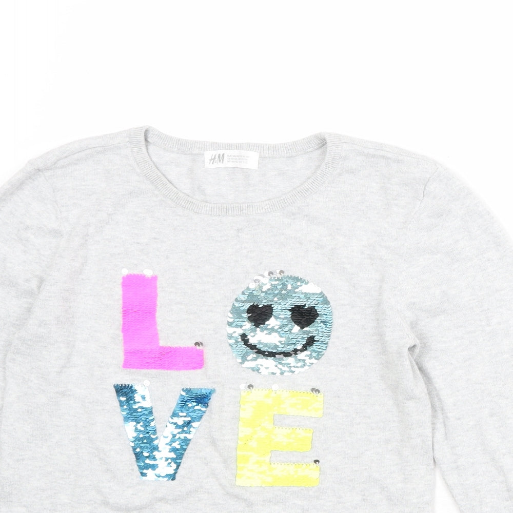 H&M Girls Grey Round Neck 100% Cotton Pullover Jumper Size 10-11 Years Pullover - Size 10-12 Years LOVE