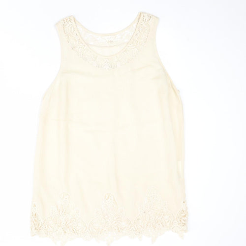 Adiva Womens Beige Viscose Basic Tank Size L Boat Neck - Crocheted Lace Detail