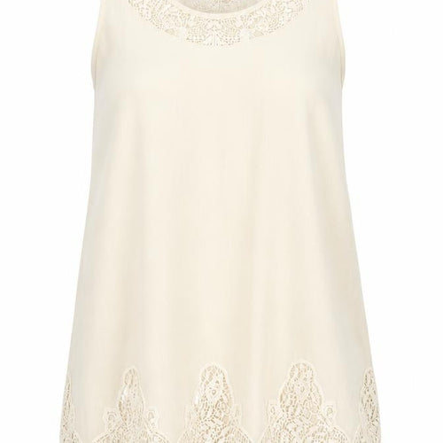 Adiva Womens Beige Viscose Basic Tank Size L Boat Neck - Crocheted Lace Detail
