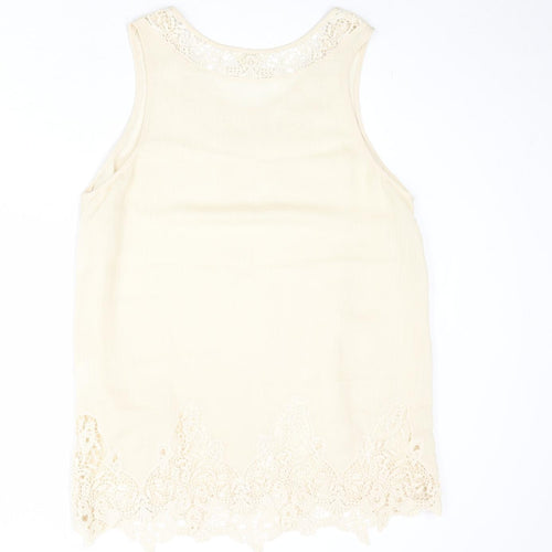 Adiva Womens Beige Viscose Basic Tank Size L Boat Neck - Crocheted Lace Detail