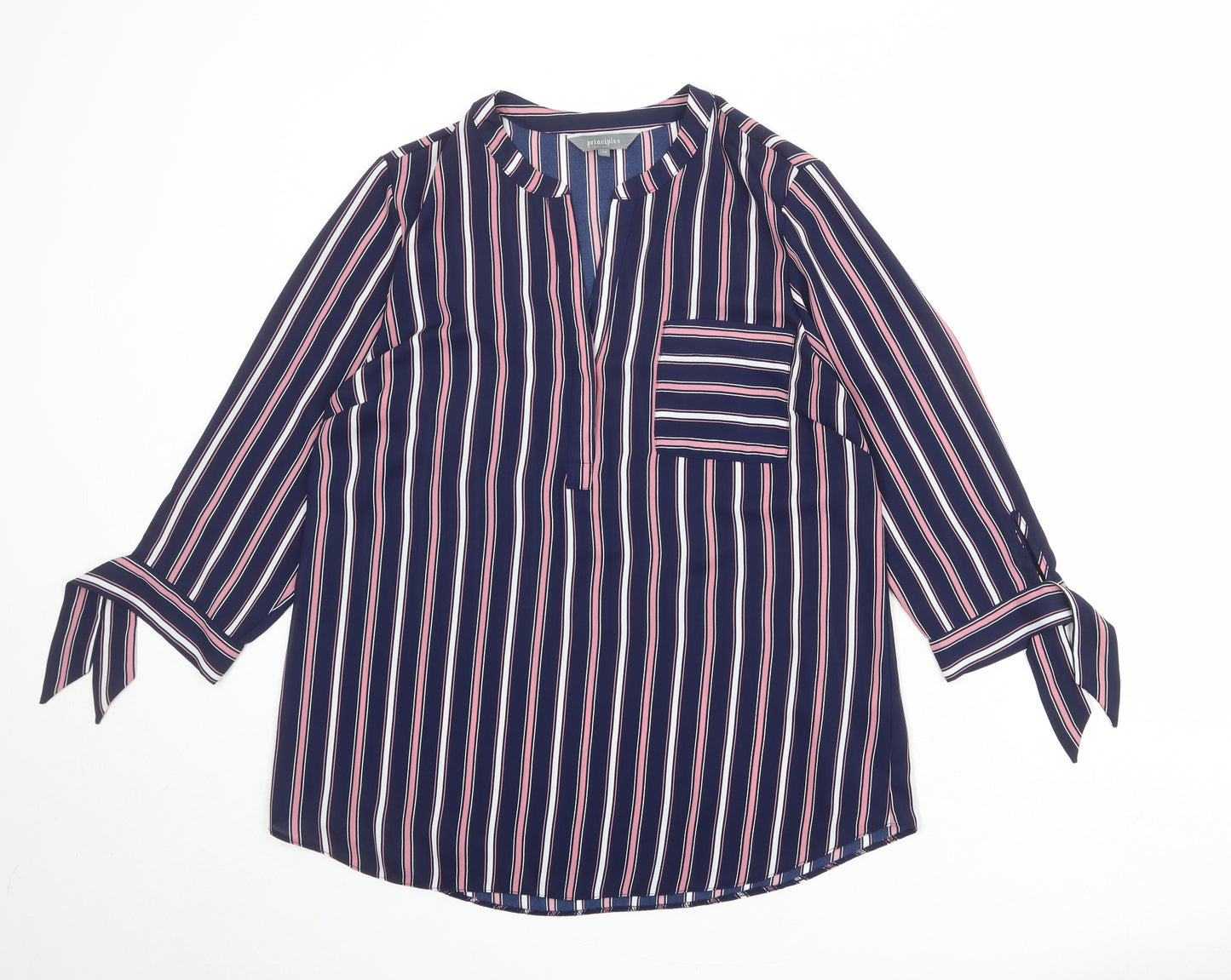 Principles Womens Blue Striped Polyester Basic Blouse Size 14 V-Neck - Tie Sleeve Detail