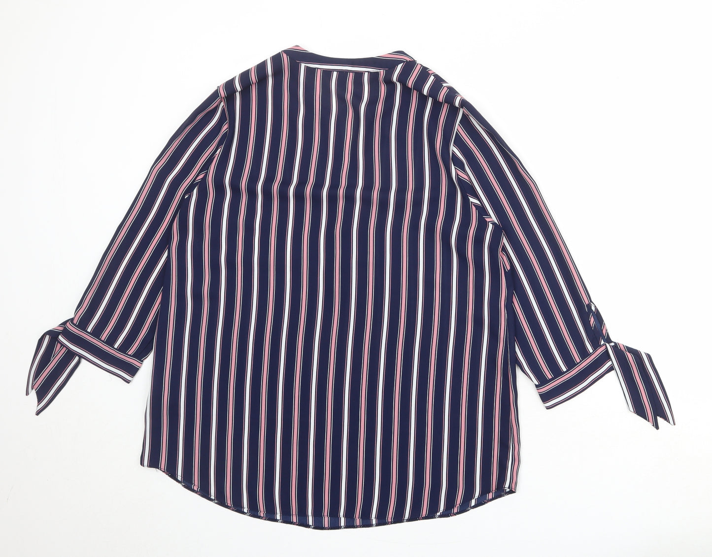 Principles Womens Blue Striped Polyester Basic Blouse Size 14 V-Neck - Tie Sleeve Detail