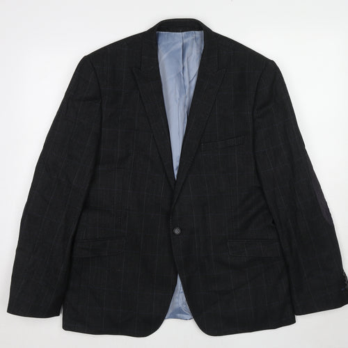 Holland & Quire Mens Black Striped Wool Jacket Blazer Size 44 Regular - Elbow Patches