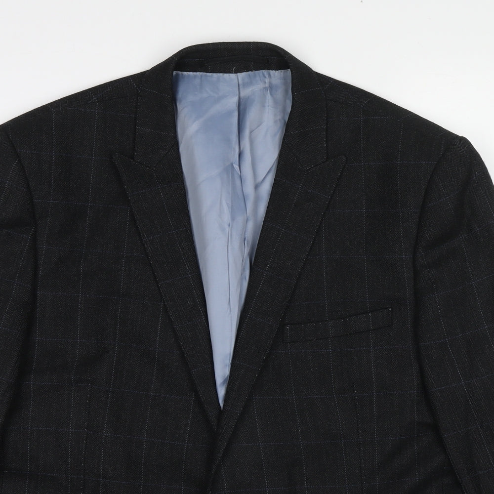 Holland & Quire Mens Black Striped Wool Jacket Blazer Size 44 Regular - Elbow Patches