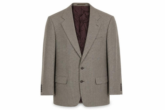 Front view of Mr Harry men’s beige geometric polyester jacket blazer, size 46, regular