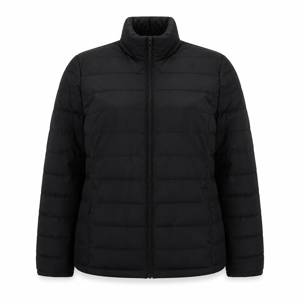 Front view of Studio women’s black quilted jacket, size UK 14, zip