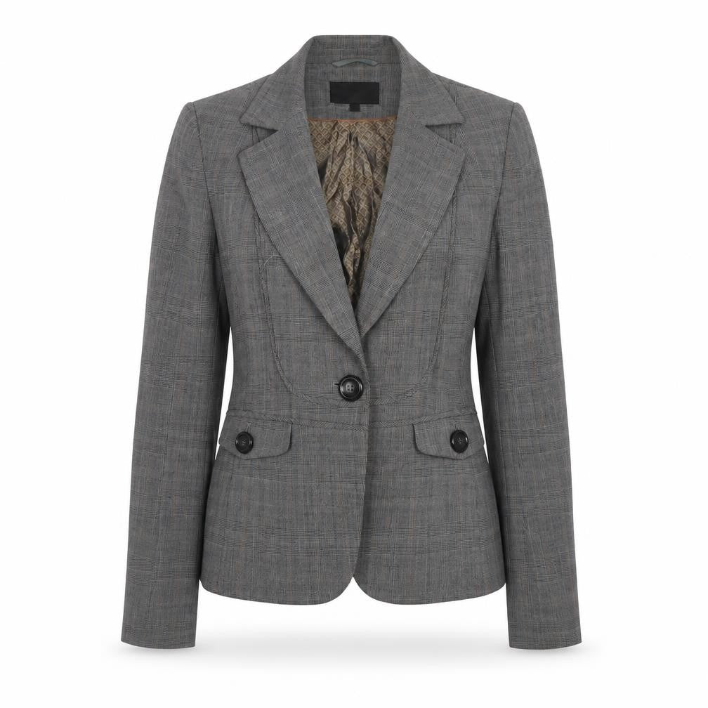 Front view of Next women’s grey plaid polyester jacket blazer, size UK 10