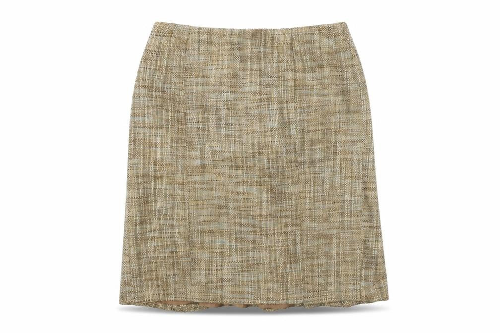 Front view of Oasis women’s beige polyester a-line skirt, size UK 12, zip