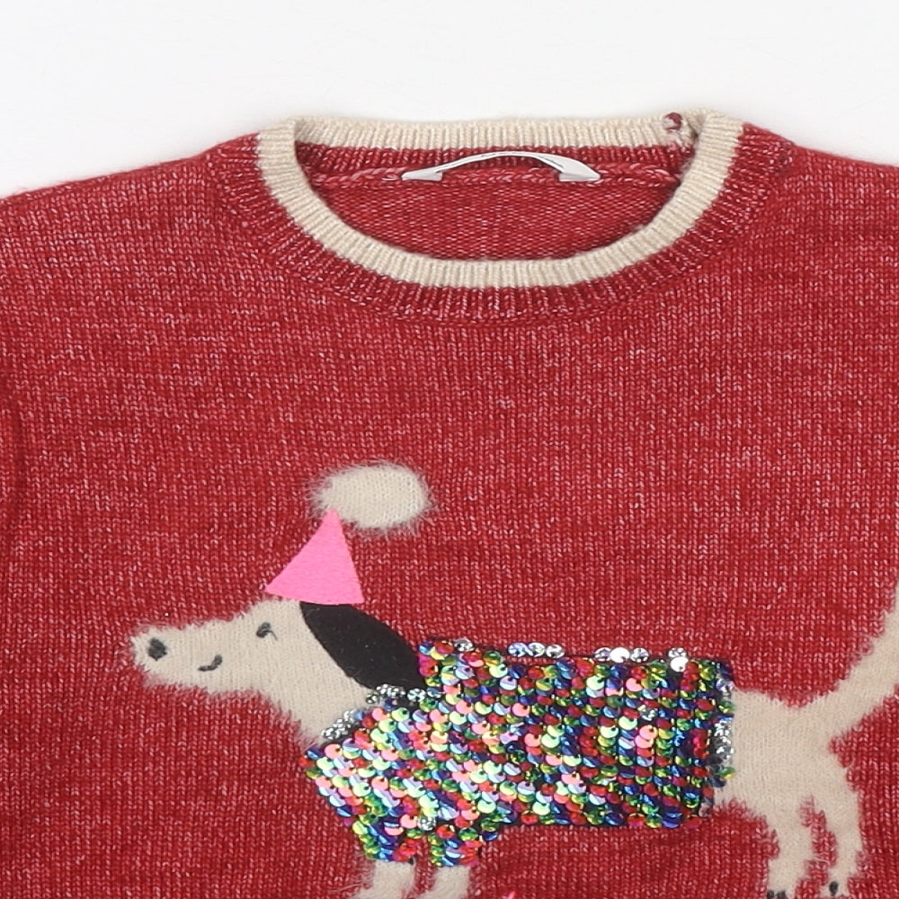Marks and Spencer Girls Red Round Neck Polyester Pullover Jumper Size 5-6 Years Pullover - Happy Howl-idays Christmas