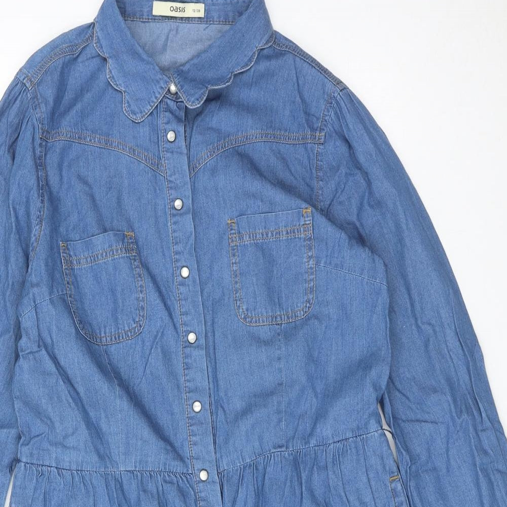 Oasis Womens Blue Cotton Shirt Dress Size 12 Collared Button