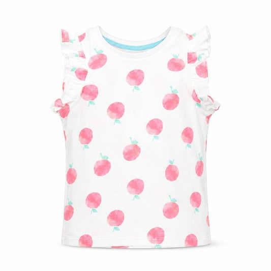 Front view of Marks & Spencer girls’ blue geometric cotton basic tank, size 3-4, years round neck pullover - peach print