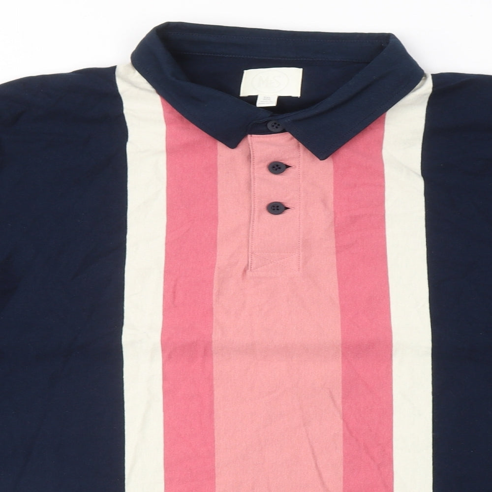 Marks and Spencer Mens Blue Colourblock Cotton Polo Size 3XL Collared Button
