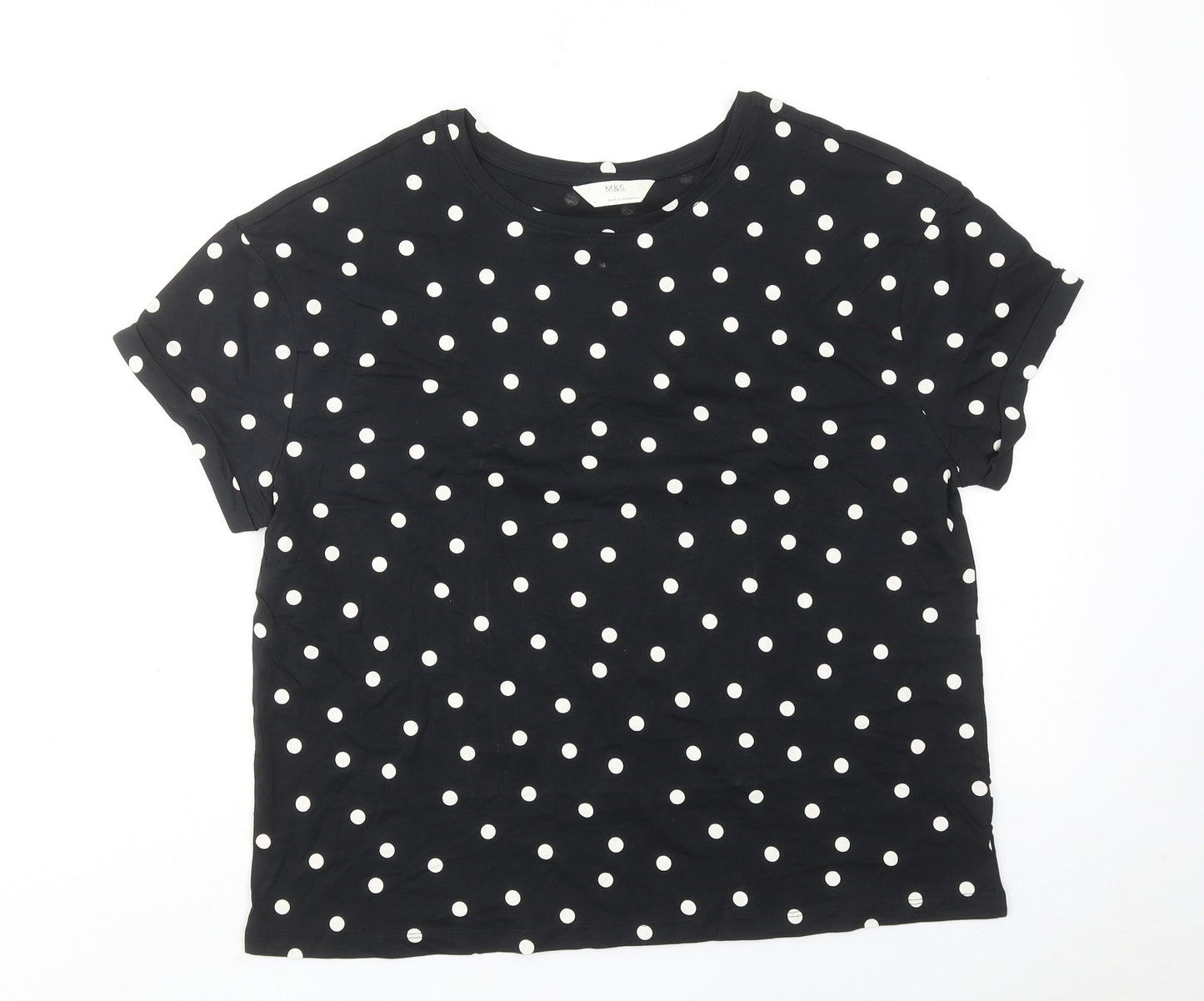 Marks and Spencer Womens Black Polka Dot Cotton Basic T-Shirt Size M Round Neck