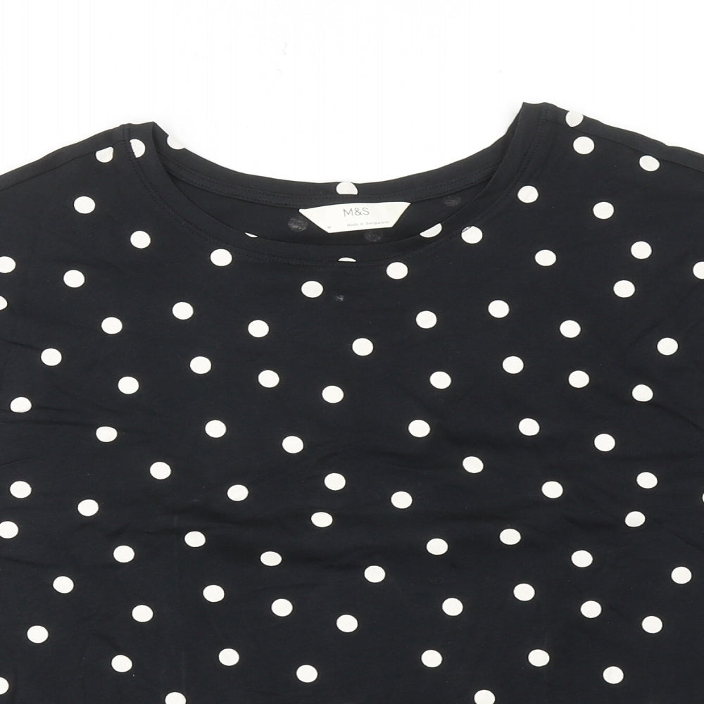 Marks and Spencer Womens Black Polka Dot Cotton Basic T-Shirt Size M Round Neck